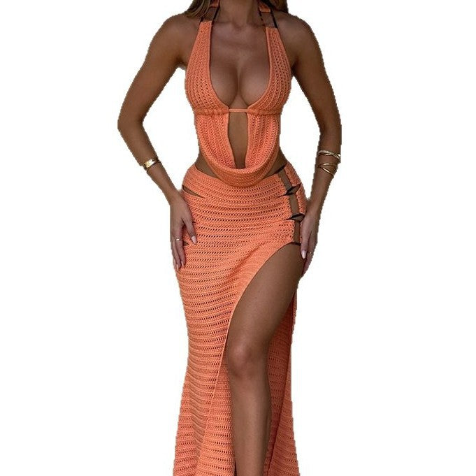 Beach Women's Solid Color Knitted Beach Bikini Swimsuit Blouse Sun-proof Set