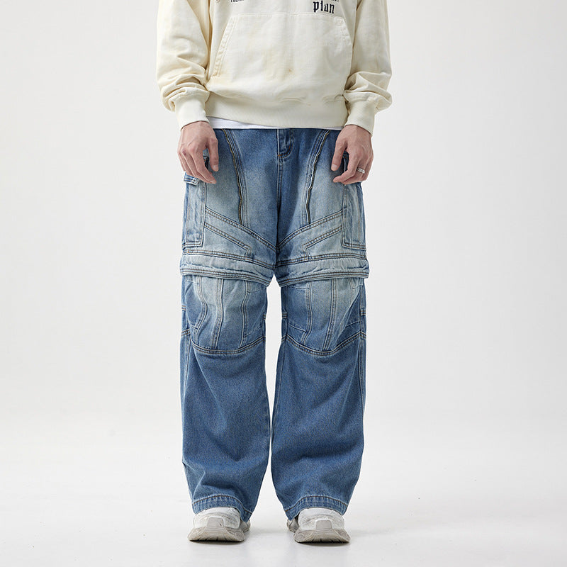 Personalized Detachable Tooling Wide Leg Zipper Denim Pants