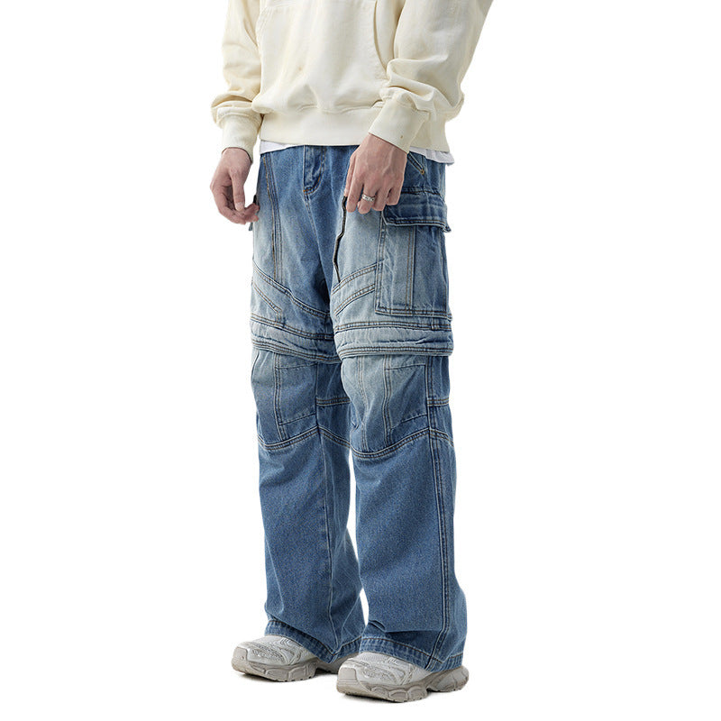 Personalized Detachable Tooling Wide Leg Zipper Denim Pants