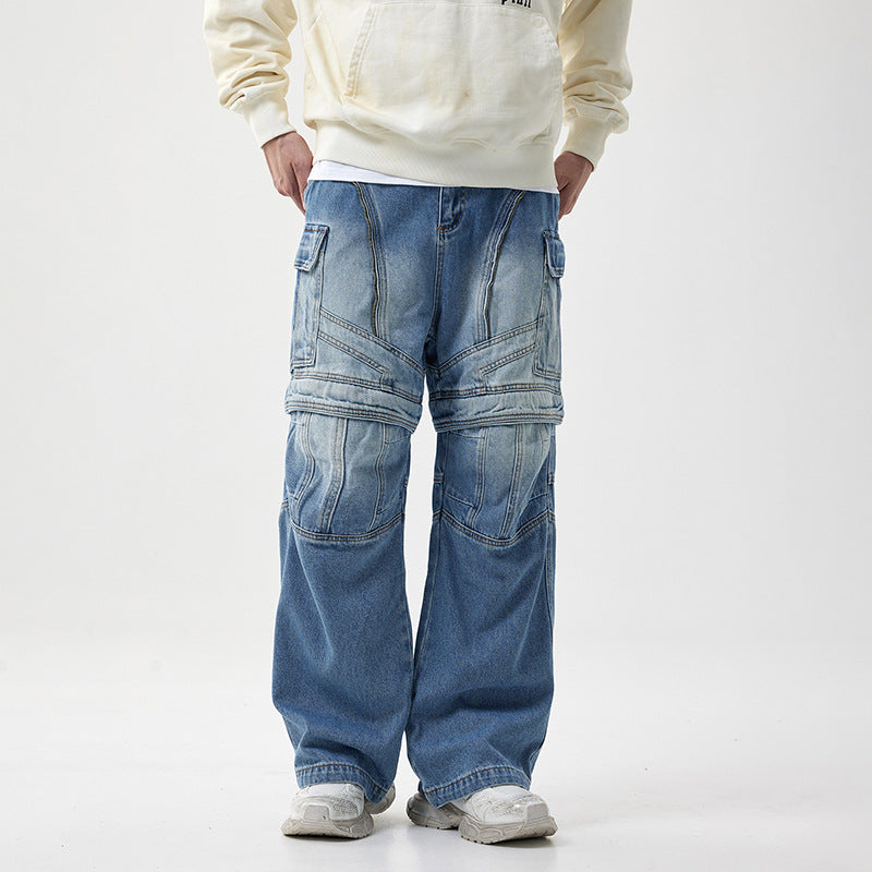 Personalized Detachable Tooling Wide Leg Zipper Denim Pants