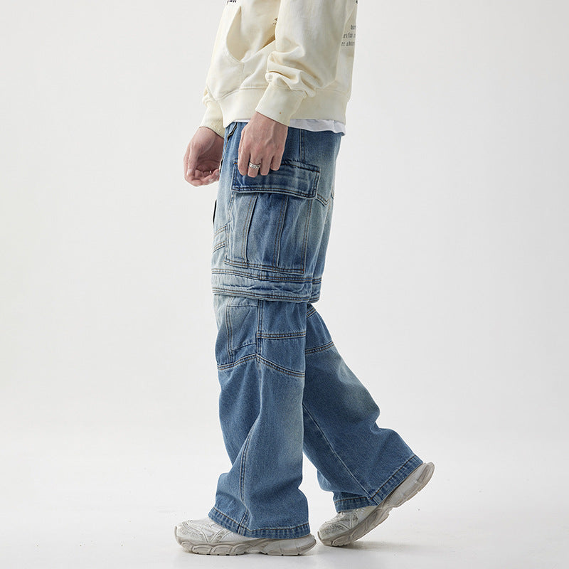 Personalized Detachable Tooling Wide Leg Zipper Denim Pants
