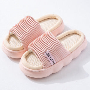 Four Seasons Linen Slippers Women's Thick Bottom Wave Pattern Home Non-slip Breathable Sweat Absorbing