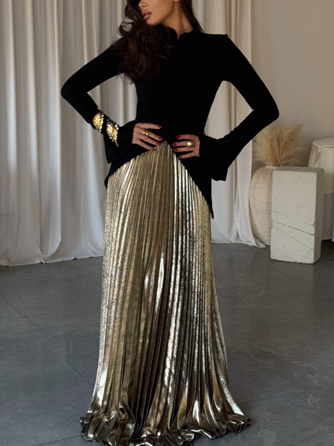 Black Bell Sleeve Irregular Hem Top & Pleated Skirt Set