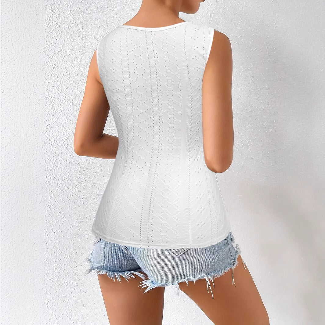 Summer Sleeveless Women's Solid Color Jacquard Camisole Pullover With Hollowed Out Top