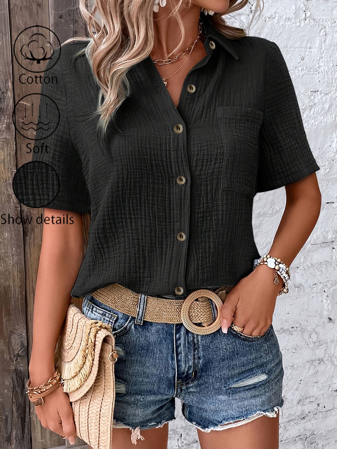 Hic Summer Women's V-Neck Blouse - Casual Short Sleeve Button-Up Shirt With Chest Pocket, Solid White, Lightweight & Breathable For Casual   Attire