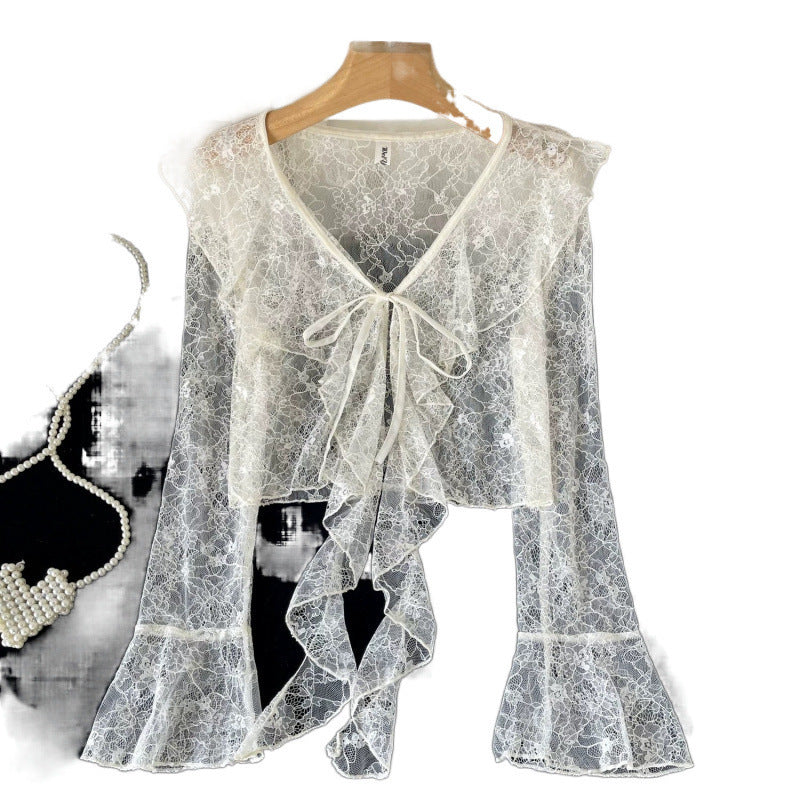 Ruffled Tied Short Lace Sun Protection Cardigan