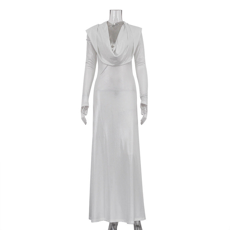 Solid Color Long Sleeve Swing Collar Hooded Slim Fit High Waist Sheath Dress