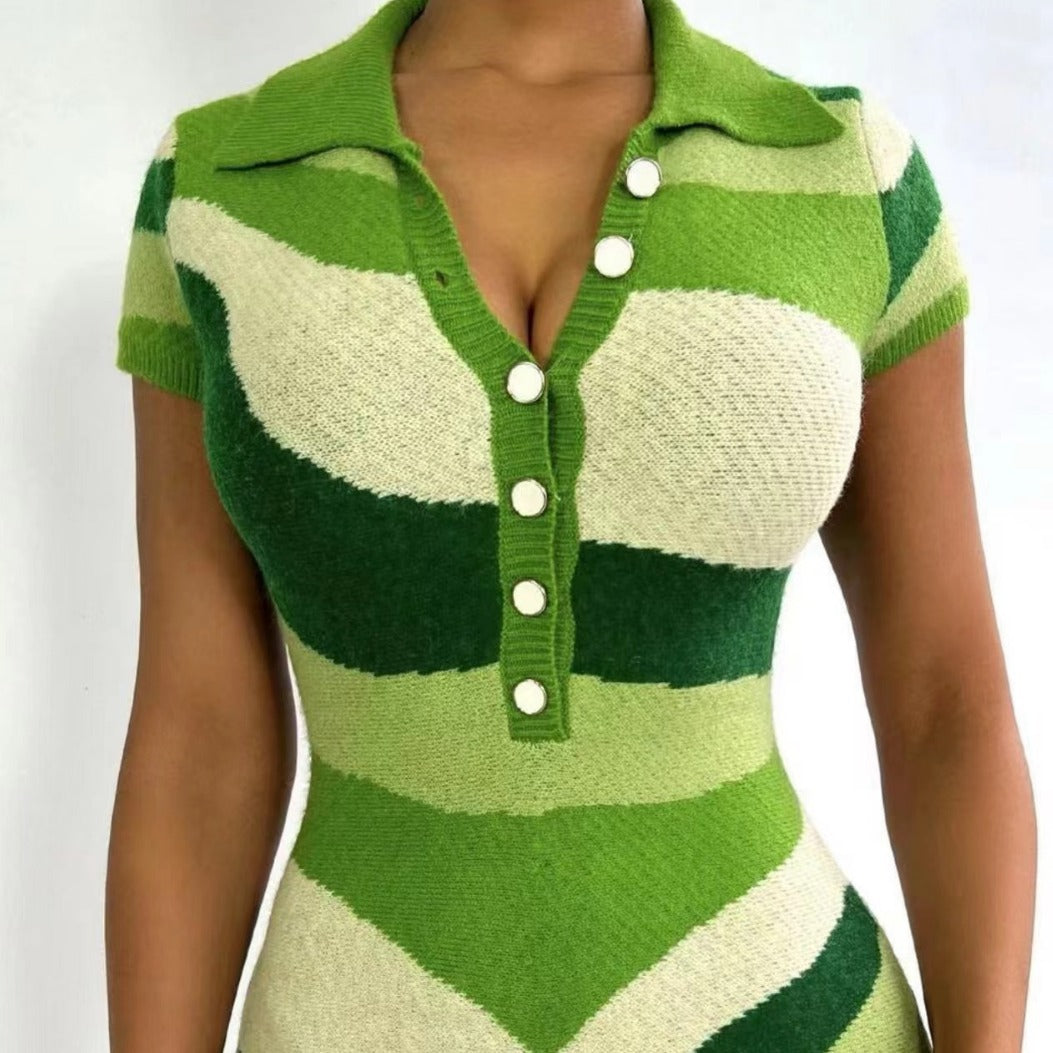 Spring And Summer Knitted Woolen Fashionable Elegant Contrast Color V-neck Short-sleeved One-piece Shorts