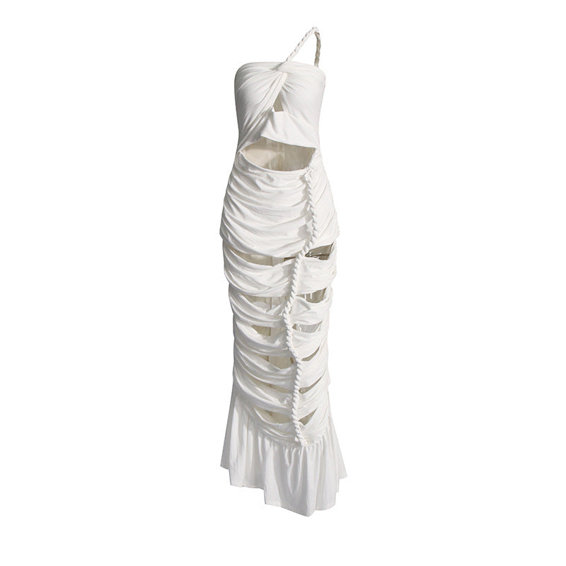 Women's One-shoulder Hollow Design Twist Pleated Dress