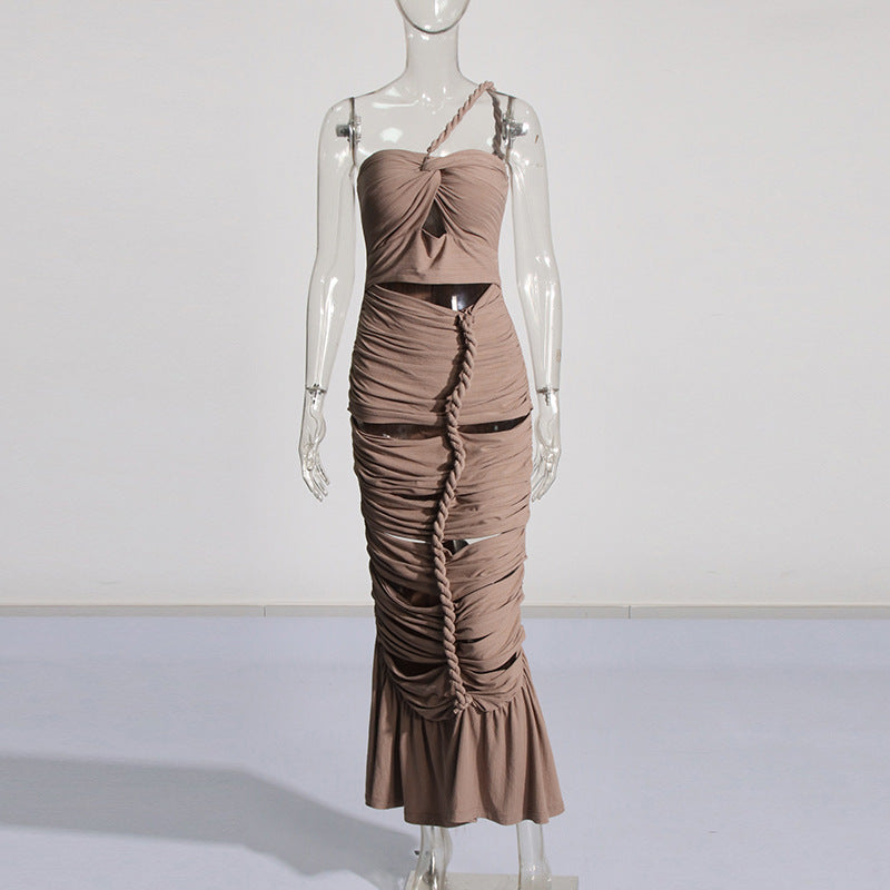 Women's One-shoulder Hollow Design Twist Pleated Dress