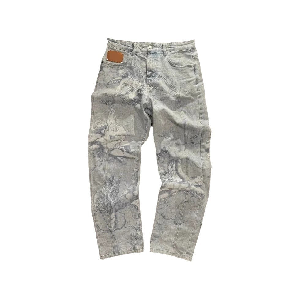Casual All-match Graffiti Washed Worn Jeans
