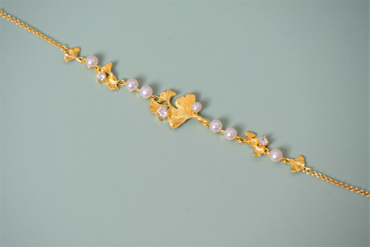 S925 Silver Plated Rhinestone Pearl Ginkgo Bracelet