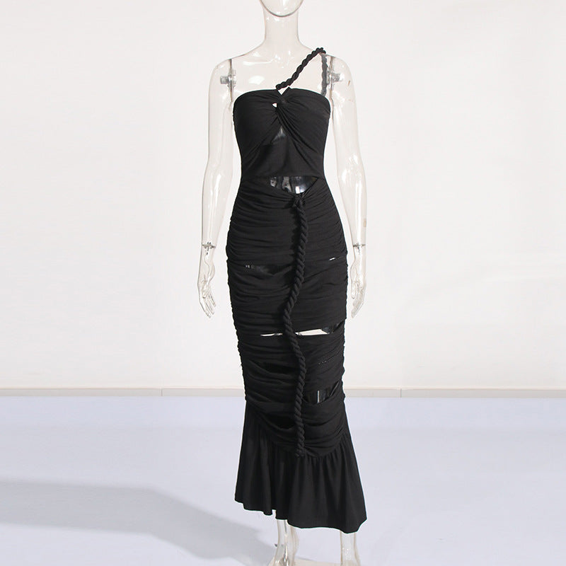 Women's One-shoulder Hollow Design Twist Pleated Dress