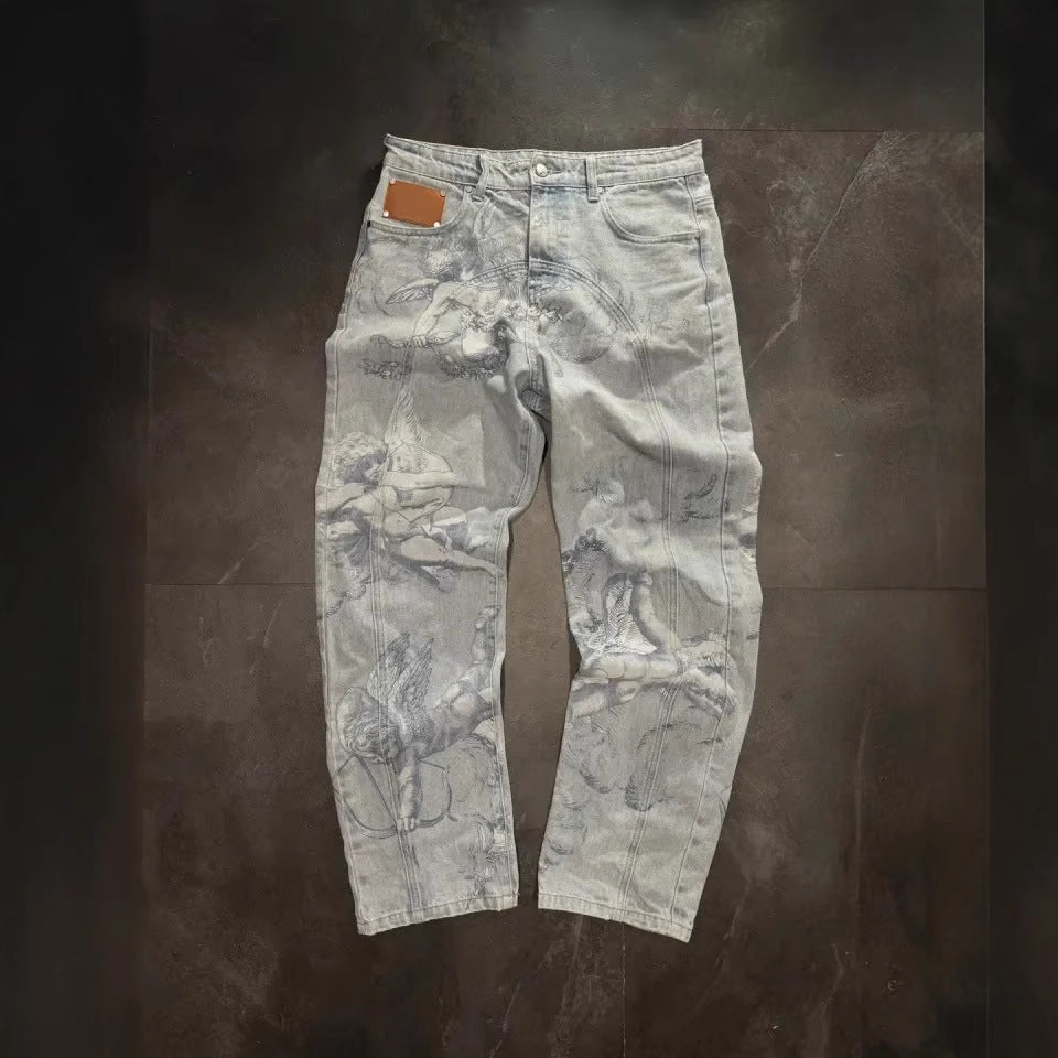 Casual All-match Graffiti Washed Worn Jeans
