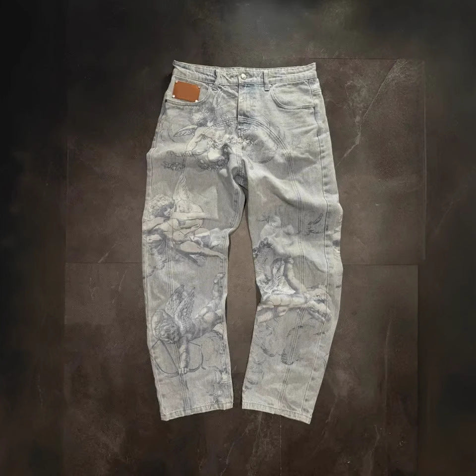 Casual All-match Graffiti Washed Worn Jeans