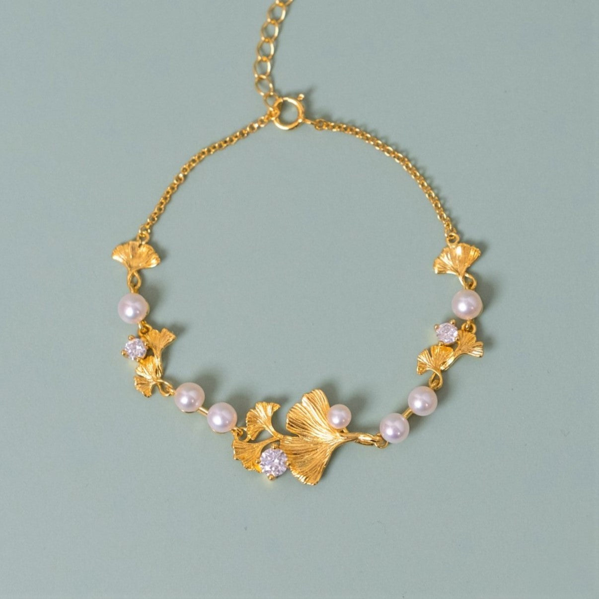 S925 Silver Plated Rhinestone Pearl Ginkgo Bracelet