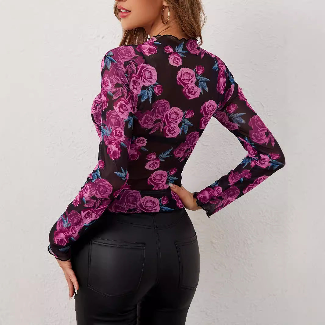 European And American Elegant Flower Fashion Chic Printed Small Stand-collar Gauze Wooden Ear Women's Top