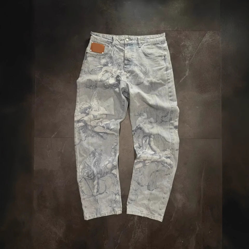 Casual All-match Graffiti Washed Worn Jeans