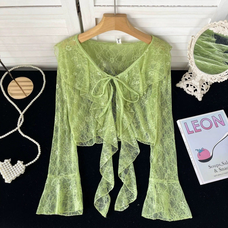 Ruffled Tied Short Lace Sun Protection Cardigan
