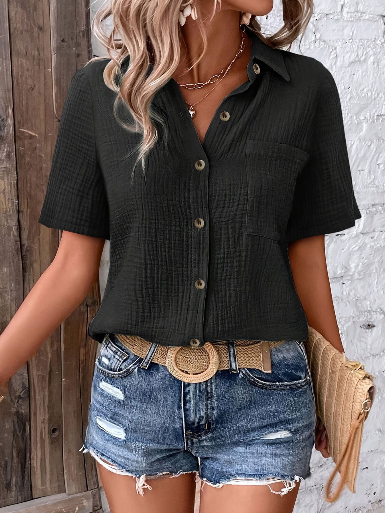Hic Summer Women's V-Neck Blouse - Casual Short Sleeve Button-Up Shirt With Chest Pocket, Solid White, Lightweight & Breathable For Casual   Attire
