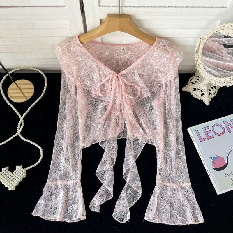 Ruffled Tied Short Lace Sun Protection Cardigan