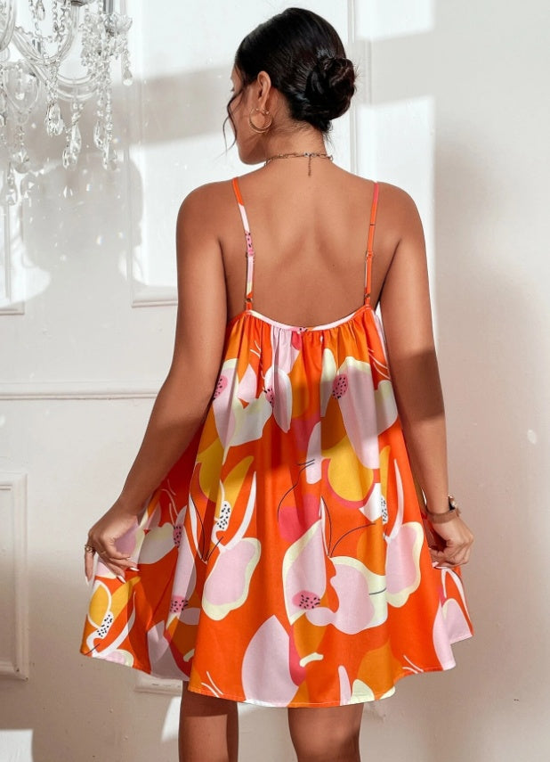 Floral Print Halter Neck Trapeze Dress