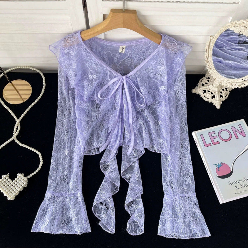 Ruffled Tied Short Lace Sun Protection Cardigan