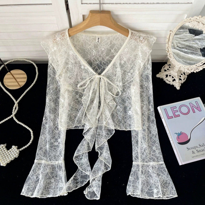 Ruffled Tied Short Lace Sun Protection Cardigan
