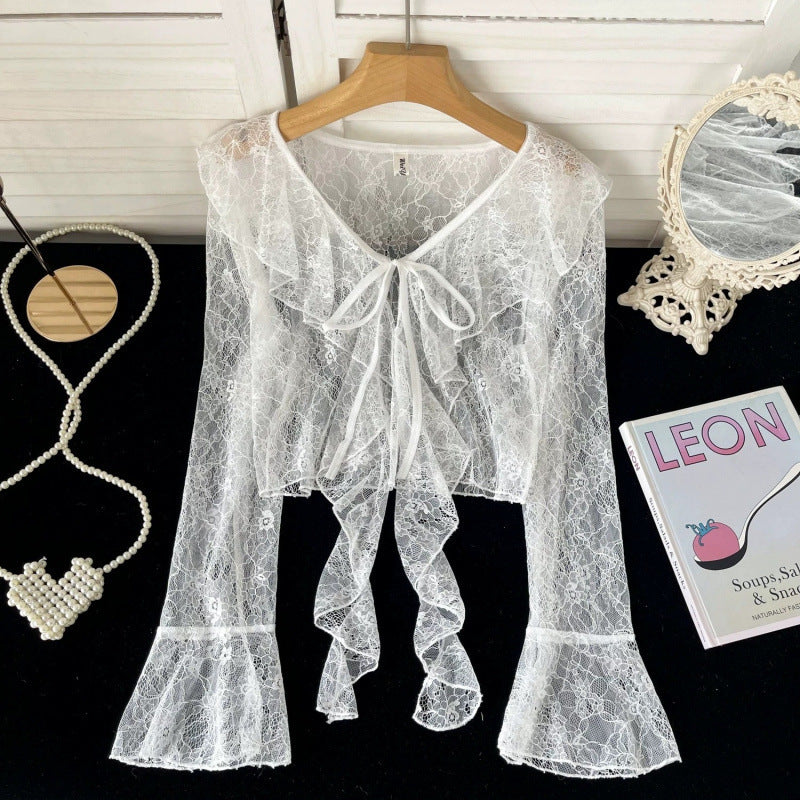 Ruffled Tied Short Lace Sun Protection Cardigan