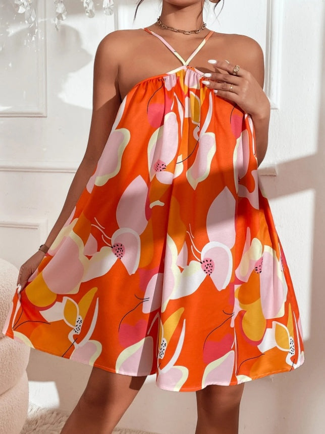Floral Print Halter Neck Trapeze Dress